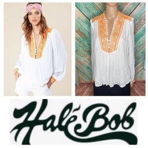 Hale Bob Daisha Orange Embroidered Neckline Bohemian Loose Peasant Tunic Top